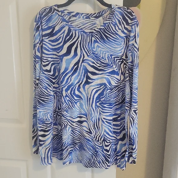 blue sol Sz1X Vibrant Blue Zebra Print Long Sleeve Scoop neck relaxed fit Top - Picture 1 of 3